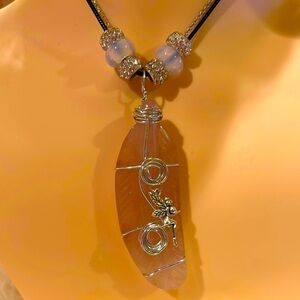 Handcrafted Rose Quartz Crystal Feather Wire Wrapped and Beaded Necklace